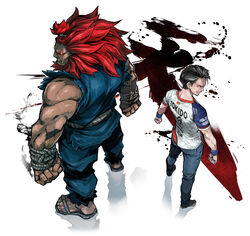  2boys akuma_(street_fighter) back-to-back black_hair clenched_hands commentary_request dark_skin denim dougi esports esports_apparel fuse_ryuuta glowing glowing_eyes heaven_(kanji) height_difference jeans jersey long_hair male_focus manly multiple_boys muscular muscular_male pants photoshop_(medium) pose real_life red_eyes red_hair rope sandals shun_goku_satsu sleeveless sportswear street_fighter street_fighter_v tokido_(gamer) topknot wristband 