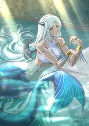  afloat breasts closed_mouth dark-skinned_female dark_skin female green_eyes highres horns jewelry long_hair mermaid mesarthim monster_girl navel saga saga_frontier solo sukuma white_hair wings 