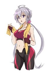  ahoge anzo_(anzu_elichi0928) breasts cropped_legs female fingerless_gloves gloves grey_hair groin highres jewelry long_hair medium_breasts navel necklace open_mouth pink_scrunchie purple_eyes purple_sports_bra scrunchie senki_zesshou_symphogear skin_tight solo sports_bra towel towel_around_neck twintails white_background yukine_chris 