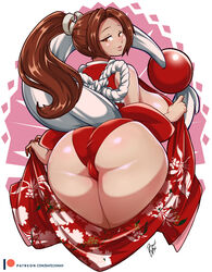  ass bare_shoulders bayeuxman blush breasts brown_eyes brown_hair commentary fatal_fury female fingerless_gloves from_behind gloves hair_ornament japanese_clothes kimono large_breasts long_hair looking_at_viewer looking_back obi patreon_logo patreon_username plump ponytail red_kimono sash shiranui_mai smile solo the_king_of_fighters watermark web_address 