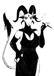  alternative_fashion anthro big_breasts black_and_white bovid breasts caprine cigarette cigarette_holder cleavage clothed clothing cross demon dress female fingerless_gloves fingers gloves goat goth hand_on_hip handwear hi_res hladilnik hooved_fingers hooves horn huge_breasts inverted_cross looking_at_viewer lucy_(hladilnik) mammal monochrome multi_horn neck_tuft raised_tail simple_background smile smoking solo tail tail_tuft tuft white_background 