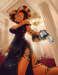  absurd_res anthro big_breasts breasts clothing cobra dress female gun hi_res orange_body ranged_weapon reptile scalie snake snake_hood solo sparkittyart spy weapon 