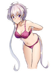  absurdres adjusting_bra adjusting_clothes ahoge anzo_(anzu_elichi0928) armpits arms_behind_back blush bow bow_bra bow_panties bra breasts female grey_hair hair_between_eyes highres lace-trimmed_bra lace-trimmed_panties lace_trim large_breasts leaning_forward long_hair looking_at_viewer navel panties purple_bra purple_eyes purple_panties senki_zesshou_symphogear solo sweatdrop thighs twintails underwear underwear_only very_long_hair white_background yukine_chris 