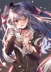  amatsukaze_(kancolle) blush brown_dress dark_background dress duplicate female gloves grey_hair hair_tubes highres innertube kagari_liroi kantai_collection long_hair long_sleeves looking_at_viewer one_eye_closed open_mouth petals pixel-perfect_duplicate sailor_collar sailor_dress single_glove solo swim_ring two_side_up very_long_hair white_gloves yellow_eyes 