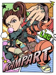  apex_legends brown_eyes brown_hair chewing_gum earrings eyebrow_cut facial_mark female forehead_mark gloves hair_ornament hair_scrunchie harness henna highres jewelry jumpsuit mika0mika nail_polish nose_piercing orange_jumpsuit piercing rampart_(apex_legends) scrunchie shoes side_ponytail single_glove sneakers squatting v-shaped_eyebrows 