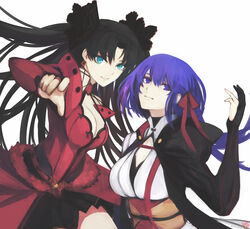  2girls absurdres black_hair blue_eyes breasts cleavage fate/stay_night fate_(series) hair_ribbon highres large_breasts long_hair looking_at_viewer matou_sakura matou_sakura_(imaginary_around) moedredd multiple_girls purple_eyes purple_hair red_ribbon ribbon siblings sisters smile tohsaka_rin tohsaka_rin_(formalcraft) two_side_up 