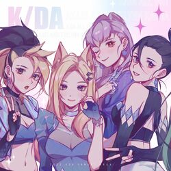  4girls absurdres ahri_(league_of_legends) akali artist_name bare_shoulders black_hair blonde_hair blush breasts character_name crop_top detached_sleeves earrings elbow_gloves evelynn_(league_of_legends) facial_mark fingerless_gloves from_behind gloves grey_background grin hair_ornament hand_up highres jewelry k/da_(league_of_legends) k/da_all_out_ahri k/da_all_out_akali k/da_all_out_evelynn k/da_all_out_kai&#039;sa kai&#039;sa large_breasts league_of_legends long_hair medium_hair midriff multiple_girls nail_polish navel one_eye_closed open_mouth pink_hair ponytail ruan_chen_yue shiny_clothes skirt smile teeth tongue tongue_out upper_body v watermark whisker_markings 