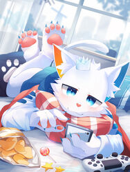  2023 3:4 4_toes 5_fingers anthro barefoot bed blue_eyes blush cellphone chips_(food) claws clothed clothing controller digital_media_(artwork) domestic_cat dutch_angle electronics feet felid feline felis femboy finger_claws fingers food footprint fur furniture game_controller hi_res holding_object holding_phone hoodie kemono lying male male_anthro mammal nekojita on_bed on_front pawpads pawprint paws phone pillow pink_nose plantigrade playstation playstation_controller potato_chips smartphone soles solo sony_corporation sony_interactive_entertainment tail toe_claws toes topwear whiskers white_body white_fur 