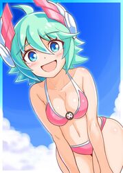  ahoge azure_striker_gunvolt bikini blue_eyes blue_sky breasts cleavage cougar_(cougar1404) day female green_hair gunvolt_chronicles_luminous_avenger_ix headgear looking_at_viewer ocean open_mouth roro_(gunvolt) short_hair sky smile solo swimsuit 