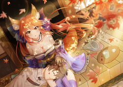  1boy animal_ear_fluff animal_ears architecture autumn autumn_leaves bare_shoulders black_hair blue_bow blue_dress blue_sleeves blue_thighhighs blush bow breasts choker cleavage collarbone cup dappled_sunlight detached_sleeves dress east_asian_architecture eyelashes falling_leaves fate/grand_order fate_(series) female fox_ears fox_girl fox_tail frilled_sleeves frills from_above fujimaru_ritsuka_(male) hair_between_eyes hairbow headpat highres lap_pillow large_breasts leaf light_rays long_hair looking_at_viewer open_mouth outdoors pink_hair shadow short_dress short_hair sidelocks sleeping sleeves_past_wrists sparkle spiked_hair sunlight sunrise synn032 tail tamamo_(fate) tamamo_no_mae_(fate/extra) thighhighs tray twintails very_long_hair white_choker wide_sleeves wind yellow_eyes zettai_ryouiki 