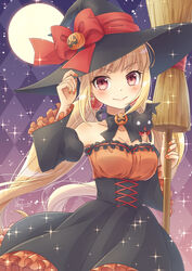  animal_on_shoulder argyle_background blonde_hair blush bow breasts brooch broom choker cleavage commentary_request corset dangle_earrings detached_sleeves dress earrings feline female frilled_dress frilled_sleeves frills full_moon hair_ornament halloween hat hat_bow hat_ribbon holding holding_broom ibuki_ena jack-o&#039;-lantern jack-o&#039;-lantern_brooch jack-o&#039;-lantern_hat_ornament jewelry long_hair long_sleeves looking_at_viewer low_twintails medium_breasts moon nail_polish original partial_commentary red_eyes ribbon ribbon_choker smile solo sparkle twintails very_long_hair witch witch_hat 