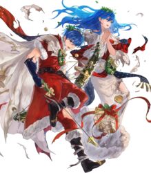  1boy alternate_costume arrow_(projectile) bag bell blue_eyes blue_hair boots bow bow_(weapon) brother_and_sister cape christmas christmas_ornaments elice_(fire_emblem) elice_(winter)_(fire_emblem) female fingerless_gloves fire_emblem fire_emblem:_mystery_of_the_emblem fire_emblem_heroes full_body fur_trim gift gloves highres leaf long_hair marth_(fire_emblem) marth_(winter)_(fire_emblem) mayo_(becky2006) official_art one_eye_closed open_mouth praying siblings teeth tiara torn_clothes transparent_background weapon 