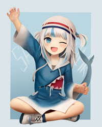  ;d absurdres arm_up blue_background blue_eyes commentary crumbles drawstring english_commentary female fins fish_tail gawr_gura gawr_gura_(1st_costume) grey_hair highres hololive hololive_english hood hoodie indian_style long_hoodie long_sleeves looking_at_viewer multicolored_hair one_eye_closed open_mouth outside_border shark_girl shark_tail sharp_teeth shoes sitting smile solo streaked_hair tail teeth two_side_up virtual_youtuber white_footwear 