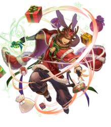  1boy alternate_costume animal_ears bandages bell boots bow bracelet candy candy_cane christmas christmas_ornaments dagger dark_skin deer_ears fingerless_gloves fire_emblem fire_emblem:_the_blazing_blade fire_emblem_heroes food full_body fur_trim gift gloves highres jaffar_(fire_emblem) jaffar_(winter)_(fire_emblem) jewelry knife male_focus open_mouth red_eyes red_hair rim solo sparkle teeth transparent_background weapon 