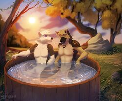  6:5 absurd_res anthro asher_(gshep) canid canine canis closed_eyes decker_(deckershepherd) detailed_background digital_media_(artwork) digital_painting_(artwork) domestic_dog duo german_shepherd herding_dog hi_res hot_tub male mammal mekaska nature nature_background outside pastoral_dog plantigrade relaxed_expression wilderness 