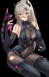  bare_shoulders black_bodysuit black_gloves blush bodysuit breasts chela77 covered_navel elbow_gloves female glasses gloves grey_bodysuit grey_hair highres indie_virtual_youtuber large_breasts long_hair looking_at_viewer mechanical_tail partially_fingerless_gloves ponytail red_eyes saruei_(vtuber) saruei_(vtuber)_(1st_costume) scar scar_across_eye smile solo tail virtual_youtuber 