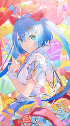  alternate_costume back_bow blue_eyes blue_hair blue_nails blurry blurry_background bow buckle capelet colorful constellation_print crystal curtains dot_nose dress expressionless eyebrows_visible_through_hair female fingernails fingers_together frills gem hair_between_eyes hair_ornament hairclip hands_up hatsune_miku heart heart-shaped_hole heart_buckle heart_hair_ornament heart_print heiwa_(murasiho) highres kemonomimi_mode lace lace-trimmed_dress lace_trim layered_dress long_hair looking_at_viewer multicolored multicolored_clothes multicolored_dress polka_dot polka_dot_dress pom_pom_(clothes) puffy_short_sleeves puffy_sleeves red_ribbon ribbon ribbon_print shooting_star short_sleeves sidelighting solo star_(symbol) star_print striped striped_ribbon stuffed_animal stuffed_cat stuffed_chicken stuffed_toy symbol-shaped_pupils twintails two-sided_dress vocaloid white_bow yellow_ribbon 