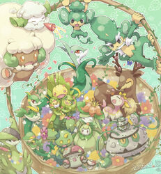  :3 amoonguss basket closed_eyes closed_mouth commentary cottonee dated deerling deerling_(spring) ferroseed ferrothorn floral_background flower foongus green_background hitsubaru holding holding_pokemon leavanny lilligant maractus monster_girl open_mouth orange_eyes pansage petals petilil plant plant_girl pokemon pokemon_(creature) sawsbuck sawsbuck_(spring) serperior servine sewaddle simisage smile snivy swadloon teeth tongue vines virizion whimsicott 