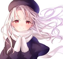  bad_id bad_pixiv_id blue_jacket blush commentary_request fate/stay_night fate_(series) female fur_hat gloves hat highres illyasviel_von_einzbern jacket long_hair looking_at_viewer lq_saku papakha purple_hat purple_jacket red_eyes scarf smile solo white_background white_gloves white_hair white_scarf 