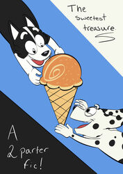  anthro beargarbage bluey_(series) border_collie canid canine canis chloe_(bluey) collie dalmatian dessert domestic_dog duo female food herding_dog ice_cream mackenzie_border_collie male mammal markings pastoral_dog pattern_background sheepdog simple_background smile spots spotted_markings young 