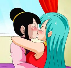  2girls 2milfs aqua_hair arm art bare_shoulders black_hair blush bulma_briefs cheating_wife chichi chinese_clothes closed_eyes couple_love couples dicasty dragon_ball dragon_ball_z dress duo female female_only french_kiss hair_bun highres hug indoors kissing lesbian_kiss lipstick long_hair long_sleeves milf multiple_girls mutual_yuri red_dress romantic short_hair sleeveless sleeveless_dress upper_body window yuri 