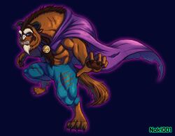  anthro beast_(disney) beauty_and_the_beast blue_eyes body_hair bottomwear brown_body brown_fur cape chest_hair claws clothing disney eyebrows fur hi_res horn male muscular noki001 pants scar simple_background solo tail thick_eyebrows torn_bottomwear torn_clothing torn_fabric torn_pants wide_stance 