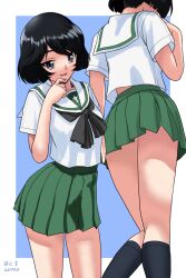  arm_at_side artist_name back_peek black_eyes black_hair black_neckerchief black_socks blue_background blunt_ends border breasts commentary cowboy_shot dated feet_out_of_frame female from_behind from_below girls_und_panzer green_skirt hand_on_own_face hand_up looking_at_viewer matsui_yasutsugu medium_breasts multiple_views neckerchief ooarai_school_uniform pleated_skirt sailor_collar school_uniform scratching_chin serafuku shirt short_hair short_sleeves signature simple_background skirt socks solo_focus summer_uniform swept_bangs translated utsugi_yuuki white_border white_sailor_collar white_shirt 