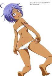  absurdres ahoge arm_tattoo ass back bandeau bare_shoulders blush butt_crack butterfly_tattoo dark-skinned_female dark_skin female hair_ornament hairclip highres kneeling looking_at_viewer looking_back magazine_scan megami_magazine official_art open_mouth panties panty_pull purple_eyes purple_hair ren_(dai_nana_oji) scan short_hair simple_background soles tattoo tearing_up tensei_shitara_dai_nana_oji_datta_no_de:_kimama_ni_majutsu_o_kiwamemasu thighs underwear white_background white_panties 