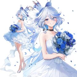  absurdres ahoge bare_arms bare_shoulders black_choker blue_flower blue_hair blue_rose choker commentary_request dress female flower furina_(genshin_impact) genshin_impact grin hat high_heels highres looking_at_viewer multicolored_hair multiple_views rose smile strapless strapless_dress streaked_hair top_hat white_background white_dress white_footwear white_hair white_hat yuna_(deadawon) 