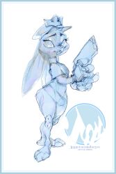  2022 3_toes 4_fingers anthro belt blue_border border buckteeth clothing collared_shirt cop_hat disney ears_down eyelashes feet female female_anthro fingerless_gloves fingers gloves grey_text gun handwear hi_res holding_gun holding_object holding_ranged_weapon holding_weapon jg_genesiskeys judy_hopps knee_pads lagomorph leporid looking_at_viewer mammal pivoted_ears rabbit ranged_weapon simple_background solo standing teeth text toes triangle_nose weapon white_background white_text zootopia 