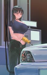  black_eyes black_hair blush breasts car closed_mouth cropped_shirt earrings female gas_pump gas_pump_nozzle gas_station green_pants highres jewelry large_breasts long_hair looking_at_viewer midriff momo_hiki motor_vehicle navel original pants solo 