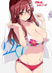  22/7 blush breasts character_name cleavage closed_mouth collarbone cowboy_shot dated floral_print_bikini flower from_side groin hair_flower hair_ornament happy_birthday highres holding holding_towel kisairo_kaede long_hair looking_at_viewer maruyama_akane navel red_eyes red_hair sato_reika sidelocks simple_background smile straight_hair towel white_background white_flower white_towel 