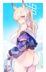  animal_ears ass bare_shoulders blonde_hair blue_archive blue_eyes blue_jacket blush breasts day female from_behind hair_over_one_eye halo highres jacket kanna_(blue_archive) kanna_(swimsuit)_(blue_archive) large_breasts long_hair long_sleeves looking_at_viewer off_shoulder official_alternate_costume one-piece_swimsuit one_eye_covered outdoors parted_lips ponytail sea_nami solo swimsuit white_one-piece_swimsuit 