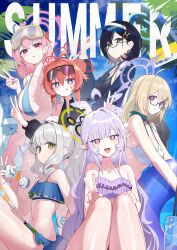  6+girls ahoge bare_arms bare_legs bare_shoulders bikini black-framed_eyewear black_bikini black_hair black_jacket blonde_hair blue_archive blue_bikini blue_eyes blue_halo breasts chihiro_(blue_archive) cleavage closed_mouth cross_hair_ornament double_bun drone eimi_(blue_archive) eyewear_on_head fingernails frilled_bikini frills glasses goggles goggles_on_head green-framed_eyewear green_eyes green_halo grey_hair hair_bun hair_ornament halo hare_(blue_archive) highres himari_(blue_archive) jacket kotama_(blue_archive) large_breasts long_hair long_sleeves looking_at_viewer maki_(blue_archive) medium_breasts mole mole_under_eye multiple_girls nail_polish open_clothes open_jacket open_mouth parted_lips pink_eyes pink_hair pink_halo pointy_ears ponytail purple_bikini purple_eyes purple_halo purple_nails rabbit_hair_ornament red_hair red_halo short_hair small_breasts smile sunglasses swimsuit tongue tongue_out v veritas_(blue_archive) white_bikini zanya_000 