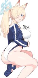  absurdres animal_ear_fluff animal_ears blonde_hair blue_archive blue_eyes blue_halo blue_jacket blush breasts clenched_teeth competition_swimsuit dog_ears extra_ears female hair_over_one_eye halo highres jacket kanna_(blue_archive) kanna_(swimsuit)_(blue_archive) large_breasts long_hair long_sleeves menea official_alternate_costume one-piece_swimsuit open_clothes open_jacket signature simple_background solo swimsuit teeth valkyrie_police_academy_swimsuit white_background white_one-piece_swimsuit 