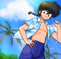  1boy black_hair blue_eyes blue_shirt blue_sky blue_swim_trunks braid braided_ponytail dragon_print hand_on_own_hip hawaiian_shirt looking_at_viewer male_focus navel open_clothes open_shirt outdoors palm_tree pointing pointing_at_self ranma_1/2 saotome_ranma shirt signature sky smirk sunlight tree wanta_(futoshi) 