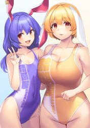  2girls :3 :d absurdres animal_ears blue_hair blue_one-piece_swimsuit blush breast_press breasts cleavage collarbone commentary_request covered_navel cowboy_shot earclip flat_chest floppy_ears hand_on_another&#039;s_shoulder highleg highleg_swimsuit highres large_breasts long_hair looking_at_viewer multiple_girls one-piece_swimsuit open_mouth orange_one-piece_swimsuit plump rabbit_ears red_eyes ringo_(touhou) seiran_(touhou) short_hair smile swimsuit tarmo touhou v 