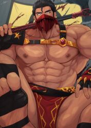  1boy abs another_eidos-r armor armpit_hair armpit_hair_peek axe bara bare_pectorals black_hair blood blood_splatter covered_mouth fingerless_gloves gloves hair_slicked_back harada_(basashi) highres holding holding_axe large_pectorals loincloth looking_at_viewer male_focus mask mouth_mask muscular muscular_male over_shoulder pauldrons pectorals presenting_foot scar scar_on_neck short_hair shoulder_armor sideburns single_pauldron sitting solo sparse_chest_hair toeless_footwear weapon weapon_over_shoulder yaqut_(another_eidos) 