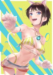  abs absurdres animal_ears animal_hands armband armpits arms_up bare_shoulders bell bikini blue_eyes blush breasts cat_girl cattail choker collarbone covered_nipples feline female gloves highres hololive large_breasts leaning_forward looking_at_viewer medium_breasts multicolored_background multicolored_eyes navel neck_bell o-ring o-ring_top oozora_subaru open_mouth paw_gloves pawpads plant short_hair short_shorts shorts sidelocks standing stomach striped_bikini striped_clothes swimsuit takumi_nosiro thigh_gap thighs tomboy turning_head upper_body virtual_youtuber white_choker 