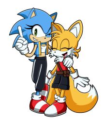  anthro arm_around_shoulders bottomwear canid canine closed_eyes clothing crossed_legs duo eulipotyphlan eyelashes female fox gesture hand_gesture hedgehog heytherebabu hi_res mammal one_eye_closed pointing rule_63 sega shirt shorts sonic_the_hedgehog sonic_the_hedgehog_(series) tails tank_top topwear 