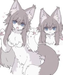  2024 :3 anthro biped black_nose blue_eyes breasts bust_portrait chest_tuft claw_pose colored countershade_face countershade_fur countershade_legs countershade_torso countershading cute_fangs dipstick_tail domestic_cat eyelashes featureless_breasts felid feline felis female female_anthro fluffy fluffy_chest fluffy_tail footprint front_view fur grey_body grey_ears grey_fur grey_hair grey_inner_ear grey_inner_ear_fluff grey_tail hair hi_res inner_ear_fluff kemono long_hair looking_at_viewer mammal markings monotone_hair multicolored_body multicolored_fur multicolored_tail multiple_images navel nude open_mouth open_smile pawpads pawprint paws pink_pawpads portrait pupils simple_background slit_pupils smile solo spommmm standing tail tail_markings three-quarter_portrait tuft two_tone_body two_tone_fur two_tone_tail whiskers white_background white_body white_countershading white_fur white_tail white_tail_tip 