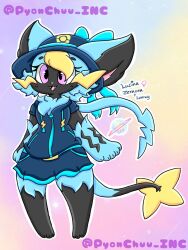  5_fingers anthro blonde_hair blue_body bottomwear clothing female fingers generation_4_pokemon generation_7_pokemon hair hat headgear headwear hi_res hybrid jacket legendary_pokemon lewdchuu_(artist) luxray nintendo pokemon pokemon_(species) purple_eyes skirt solo star tail topwear zeraora 