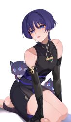  1boy 2others bare_shoulders black_gloves black_shirt black_shorts black_sleeves blush chobonu feline fingerless_gloves genshin_impact gloves hair_between_eyes highres japanese_clothes looking_at_viewer male_focus multiple_others purple_eyes purple_hair scaramouche_(cat)_(genshin_impact) scaramouche_(genshin_impact) shirt short_hair shorts tongue tongue_out white_background 