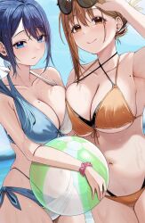  2girls asymmetrical_docking ball beachball bikini blue_bikini blue_eyes blue_hair blue_sky blush breast_press breasts brown_eyes brown_hair cleavage closed_mouth earrings eyewear_on_head highres holding holding_ball jewelry large_breasts looking_at_viewer multiple_girls navel official_art ol-chan_(udon) orange_bikini original parted_lips scrunchie sky smile stomach strap_gap swimsuit udon_(udonalium) wet wrist_scrunchie 