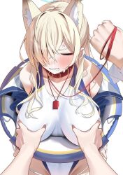  2others anger_vein animal_collar animal_ear_fluff animal_ears blonde_hair blue_archive blue_halo blush clenched_teeth closed_eyes collar competition_swimsuit dog_ears extra_ears female grabbing grabbing_another&#039;s_breast groin hair_over_one_eye halo kanna_(blue_archive) kanna_(swimsuit)_(blue_archive) lifebuoy long_hair meme multiple_others nejime nidaime_(doronbo) official_alternate_costume one-piece_swimsuit ponytail pov_cheek_grabbing_(meme) simple_background solo_focus swim_ring swimsuit teeth valkyrie_police_academy_swimsuit whistle whistle_around_neck white_background white_one-piece_swimsuit 