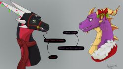  activision apollyondragon christmas clothing costume cynder dialogue digital_media_(artwork) dragon duo female feral hi_res holidays horn male multi_horn mythological_creature mythological_scalie mythology scalie scar scarf simple_background speech_bubble spyro spyro_the_dragon talking_to_another text 