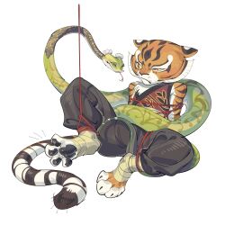  anthro clothed clothing dreamworks duo felid female green_tree_viper hi_res kung_fu_panda mammal master_tigress master_viper pantherine pawpads reptile restrained scalie serpentine simple_background snake tiger viper white_background zocehuy 