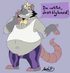  2024 american_opossum anthro belly big_belly bottomwear bow_tie clothing crown dialogue english_text grey_body headgear hi_res humanoid_hands jacobspencer04 male mammal marsupial navel overweight overweight_male pants shirt simple_background solo text topwear 