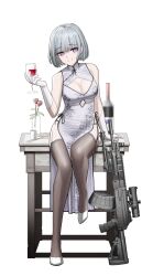  absurdres alcohol alternate_costume arm_support black_thighhighs bottle breasts cheogtanbyeong china_dress chinese_clothes cleavage cleavage_cutout clothing_cutout commission cup dress drinking_glass english_commentary flower full_body girls&#039;_frontline gloves grey_hair gun highres holding holding_cup light_machine_gun looking_at_viewer on_table parted_lips print_dress purple_eyes rose rpk-16 rpk-16_(girls&#039;_frontline) shoes short_hair simple_background sitting smile table thighhighs weapon white_background white_dress white_footwear white_gloves wine wine_glass 