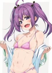  22/7 ahoge bikini black_ribbon border collarbone cowboy_shot grey_background hair_between_eyes hair_ornament hair_ribbon highres kisairo_kaede looking_at_viewer navel oerba_yun_fang open_mouth purple_eyes purple_hair ribbon smile striped_bikini striped_clothes swimsuit tojo_yuki twintails undressing white_border 